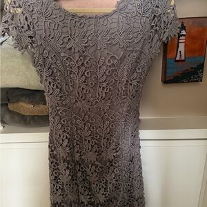 Lulu's Taupe Lace Midi Dress with Cap Sleeves